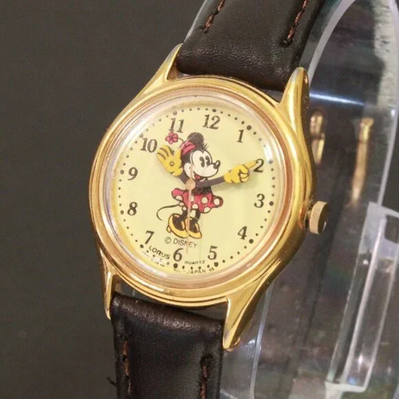 Lorus Ladies Mini Mouse Watch Gold Tone Case New Brown Leather Strap And Battery